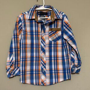 Blac Label Boys Blue Orange White Tan Button Down Long Sleeve Shirt 4T
